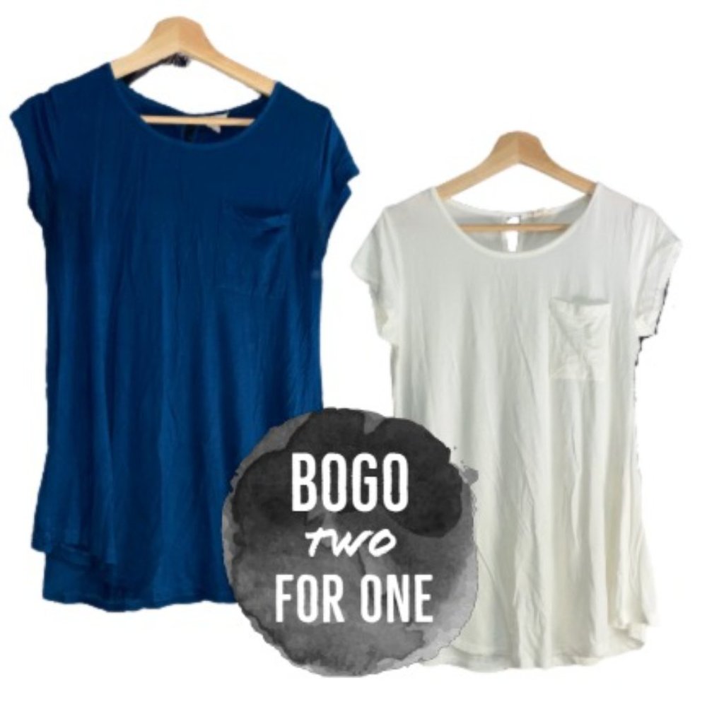 YELETE White & Dark Blue 2 Classic Essential Dressy Pocket T Shirt Small BOGO